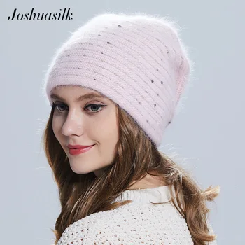 Joshuasilk žiemos Moterys skrybėlę Drugelis megzti vilnos angoros Dryžuotas kepurės Su Aukso apdaila bžūp Dvigubą šiltą kepurę
