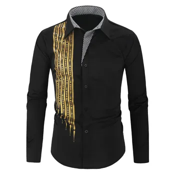 Aukso Juodi Marškinėliai Vyrams Naujas Slim Fit Long Sleeve Camisa Masculina Aukso Black Chemise Homme Socialinių Vyrų Klubas Prom Shirt mens marškinėliai