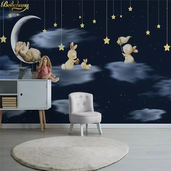 Beibehang Šiaurės minimalistinis ranka pieštas animacinis tapetai 3D triušis dangus naktį, vaikų kambarys fono sienos dokumentų namų dekoro