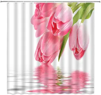 Tulip Gėlių Dušo Užuolaidos Augalų Vandens Paviršiaus Peizažas Vonios Kambarys Dekoro Pink Gėlių Raštas Poliesterio Audinio Kabinti Užuolaidų Komplektas