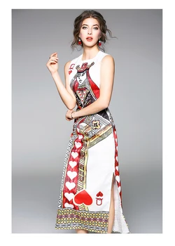 2020 Naujas Europos Stiliaus Pavasario Vasaros Mados Karalienė Pokerio Spausdinti Kilimo Ir Tūpimo Tako Suknelės Moterų Berankovis Šalies Plyšių, Ilgas, Maxi Bakas Suknelė