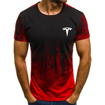Tesla logotipas 3d T-shirt apvalus kaklas gradientas letter spausdinimo mados apvalios kaklo trumparankoviai marškinėliai