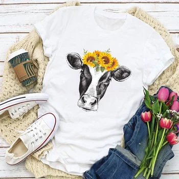 Moterų Grafinis Heifer Karvė Saulėgrąžų Spausdinti Mielas Vasaros Marškinėliai Topai Lady Moteriški Drabužiai, Rūbai Tee Moterų Marškinėliai Estetines