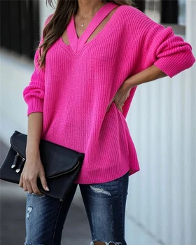 V-kaklo atsitiktinis moterų megztinis megztinis Mezgimo megztinis megztinis Grynos spalvos megztinis žiemą naujas stilius
