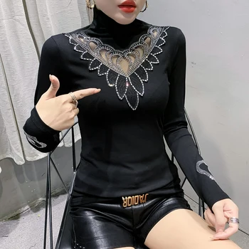 Pavasarį, Rudenį korėjiečių Drabužius T-Shirt Prašmatnus Sexy Golfo Deimantų Moterų vatos Pagaliukai Ropa Mujer ilgomis Rankovėmis, Žemiausią Tees T00404A