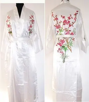 Naujas Baltos spalvos Kinijos Moterų Šilko Skraiste Suknelė Naujovė Išsiuvinėti Sleepwear Kimono Yukata Suknelė Gėlių S M L XL XXL XXXL W3S001