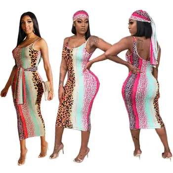 2019 Nauja Seksuali Leopardas Spausdinti Bodycon Moterų Suknelės, Spageti Dirželį Ilgai Dizaino Rankovių Ponios Suknelė Įskaitant Skarelė