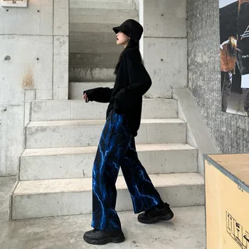 Elastinga Juosmens, Palaidi Moterų Kelnės Mados Harajuku Blue High Street Atsitiktinis Platus Kojomis Kelnės