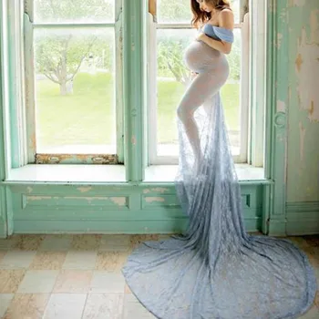 Moteriški drabužiai 2019 motinystės suknelės už nuotrauką šaudyti Pregnants Seksualus Fotografija Rekvizitai Off Pečių Nėrinių Slaugos Ilga Suknelė