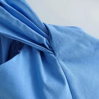 Mėlynos spalvos lininė palaidinė marškinėliai moterims off peties rankovių vienas mazgas platus dirželis vasaros mados trumpa palaidinė femme blusas