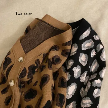 Leopard Cardigan Megztinis Megztas Moterų Laisvalaikio Loose Fit V-Kaklo, Ilgomis Rankovėmis Moterų Nauja Mados Banga Rudens Žiemos 2021 Susagstomi Megztiniai