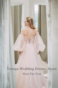 Verngo Elegantiška Rausvos Spalvos Vestuvinė Suknelė 2021 Minkšto Tiulio Sijonas Blush Tiulio Vestuvinės Suknelės Plius Dydžio Ilga Uodega Paprasta Vestuvės Dress