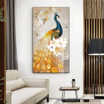Golden Peacock Drugelis Gėlių, Plunksnų Paukštis, Drobė, Tapyba Gyvūnų Plakatai ir Spausdina Sienos Meno Nuotrauką Kambarį Dekoro