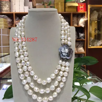 Naujas Elegantiškas, ponia, yra didelis 3row 9-10mm baroko baltos spalvos gėlavandenių perlų vėrinį 20