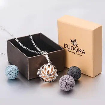 EUDORA 18mm Lotoso žiedas Lockets Pakabukas Aromaterapija apranga Difuzorius Karoliai tinka Ugnikalnių Lavos Akmens Kamuolys Fine Jewelry K241