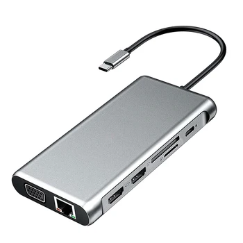 USB Tipo C Hub su HDMI MST 4K VGA 12 1 Adapteris, USB C TF HUB 3.0 Docking Station RJ45 Lan Ethernet 