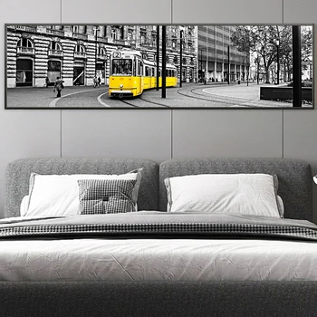Europos Stiliaus Miesto Geltonas Autobusas Ilgai Scena Juoda Balta Drobė Paveikslų, Plakatų Spaudinių Pop Sienos Menas Nuotraukas Kambarį Namuose Déco