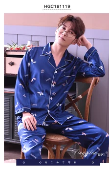 Vyriški Šilko Sleepwear ilgomis Rankovėmis Homewear Suaugusiųjų Laisvalaikio naktiniai drabužiai Studentų Sleepsuit Plus Size Šilko Nightsuit Vyrų Pijama J002