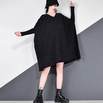 XITAO Blizgančiais Mezgimo Suknelė Moterų Žiemos Mados Naujų korėjos Stiliaus V Kaklo Antkaklis Ilgai Batwing Rankovėmis Megztinis Elegantiškas GCC4178