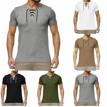2020 Naujas Vyrų Vasaros V Kaklo tuščiaviduriai iš tvarstis t Shirt Slim Tinka Fitneso marškinėliai Topai Atsitiktinis vientisos Spalvos trumpomis Rankovėmis marškinėlius