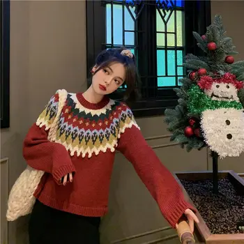 Kalėdų raudonas džemperis moterims ilgomis rankovėmis 2019 žiemos naujas laisvi drabužiai pasakos megztiniai viršų