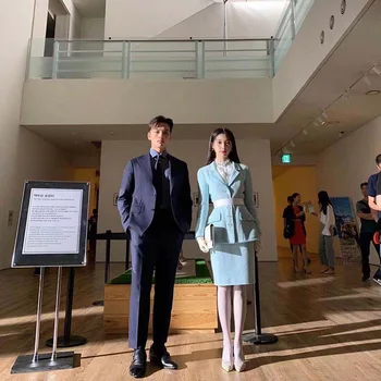 Kpop IU Lee Ji Eun korėjos Mėlyna atvartas švarkas gegužė. apykaklės nėrinių marškinėliai+temperamentas prarasti kelio ilgio sijonas moterims office kostiumai
