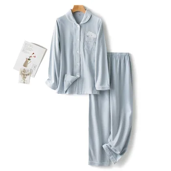 Dvipusis Šepečiu Medvilnės Pižama Moterims Kačiukas Debesis Mielas Siuvinėjimas Namų Kostiumas Minkštas Šiltas Žiemą Homewear Moterų Sleepwear