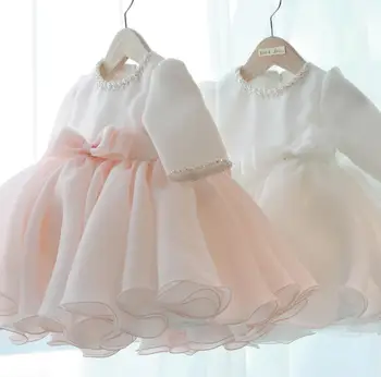 Ilgomis Rankovėmis Baby Girl Suknelės Karoliukai Lankas Krikšto Suknelė Princesė 1 metų Gimtadienio Vestuvių Suknelė Kūdikių Krikšto Drabužiai