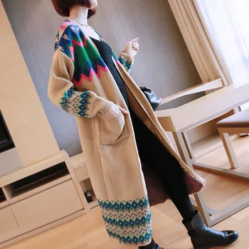 Super Kokybė Ilgai stiliaus Ponios Negabaritinių Megztinis, Striukė Rudens-Žiemos Mados Prarasti susagstomi megztiniai Megzti Paltai