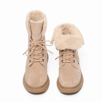 Plus size 32-43 Sniego Batai Nauji Dirbtiniais Zomšos odos batai moterims, batai nėrinių storas kailis šiltas vidurio blauzdos batai retro žiemos sniego boot