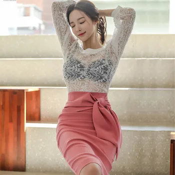 Aukštos Kokybės Korėjos Moterų Elegantiškas, 2 vnt. Rinkinys Sexy Nėrinių Perspektyvos Marškinėliai + Mados Tvarstis Lankas Bodycon Sijonas Rinkinys