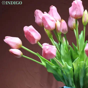 INDIGO-(3 gėlės+2 bud) Rožinės spalvos Tulpių Puokštė Nekilnojamojo Touch Silikono Tulpių Aukštos Kokybės Namų Dekoro Dirbtinių Gėlių Ekranas
