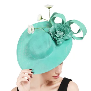 Smaragdas Žalia Derby Didelis Millinery Skrybėlės Moterims Vestuves Fascinator Skrybėlę, su gražia Gėlių Priedai Kilpos Vinjetė Lankelis