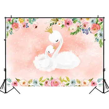 Baltoji Gulbė Baby Shower Fone Aukso Karūną Rožinė Akvarelė Gėlių Fotografija Šeimų Vaikams Gimtadienio Reklama Backdrops