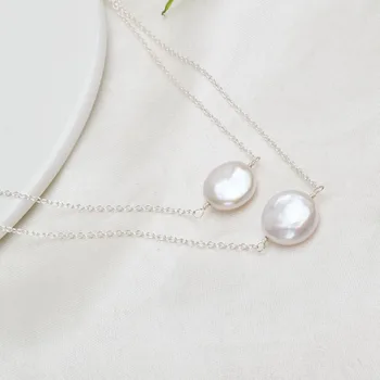 ASHIQI Natūralių gėlavandenių perlų 925 Sterlingas Sidabro Karoliai 12-13mm Mygtuką formos perlų Papuošalai moterims