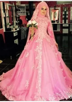Rožinė Musulmonų Vestuvių Suknelės, Kamuolys Suknelė Ilgomis Rankovėmis Hijab Zawalcowany Dubajus Vestido De Noiva Arabų Vestuvių Suknelė Vestuvių Suknelės