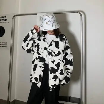 Korėjos Palaidų Karvių Spausdinti Striukė Moterims Derliaus Streetwear Džinsinio Striukė 2021 M. Pavasarį Naujas Vieno Krūtinėmis Plius Dydis Paltai
