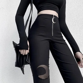 Japonija Gothic Punk Moterų Kelnės Aukštu Juosmeniu Black Moon Matyti Per Seksualus Zip Liesas Legging Ponios Kelnės Goth Streetwear 2020 M.