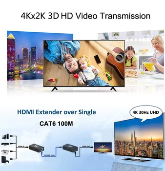 4K 100M HD Extender Cable RJ45 Ethernet HDMI Prietaisą Pratęsimo Per CAT 5e 6 Cat6 Kabelį DVD PC Prie TV Vaizdo Keitiklis