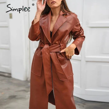 Simplee Elegantiškas rudos spalvos ilgas odinis paltas su diržu Dirbtiniais pu odos, kailio striukė moterims Office ponios rudens žiemos tranšėjos paltai 2020 m.
