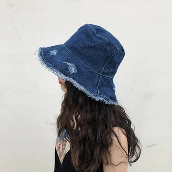 MAXSITI U Naujojo Derliaus Kibiro Kepurę skylę džinsinio žvejo Skrybėlę Moterų kutais Didelis Kraštų mados atsitiktinis baseino skrybėlę