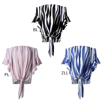 B Moterų Sexy Marškinėliai Zebras Dryžuotas Spausdinti Off-The-Pečių Vienos Pečių Apykaklės Vidurio Šifono Rankovėmis Marškinėliai Topai*
