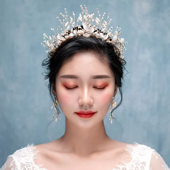 Vestuvių Nuotaka Aukso Princess Crown Diadem Karalienė Pearl Kalnų Krištolas Nuotakos Plaukų Aksesuarai Vinjetė Korėjos Galvos Papuošalai Tiara Rinkinys