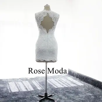Rose Moda Realios Foto Bžūp Rankovėmis Iškirpti Atgal Apvalkalą Mini Trumpa Vestuvinė Suknelė