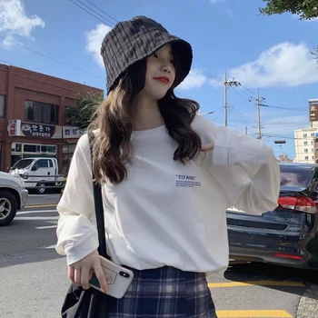 Femme, Mados Viršūnes Vasaros Medvilnės Moterų Long Sleeve T Shirts Laiškas Spausdinti Korėjos Stiliaus Atsitiktinis Streetwear Tees