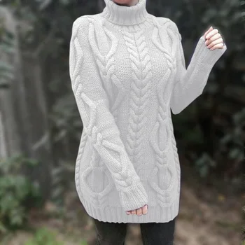 Rudenį ir žiemą sutirštės atvartas retro storais siūlais twist mid-ilgis vientisos spalvos megztinis ilgas viršutinį sluoksnį megztinis moterims