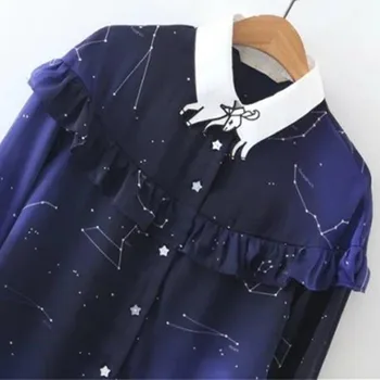 Pavasario Space Star Šifono Marškinėliai Kosminių Palydovų Moterų Palaidinė Ilgomis Rankovėmis Galaxy Spausdinti Raukiniai Marškinėliai Atsitiktinis Viršūnes Blusa 2018