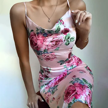 Sexy Vasaros Suknelė 2020 M. Moteris Bodycon Ilga Suknelė Plonas Backless Pink Gėlių Spausdinti Šalis Suknelė Klubas Vestidos Naujas MD0041