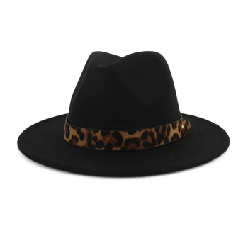 2019 Mados Unisex Europos MUMS Plokščių Kraštų Džiazo Fedora Skrybėlės Leopard Grūdų Diržas Dekoro Panama Trilby Fascinator Ponios Suknelė Skrybėlės