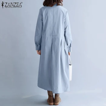 2021 Moterų Elegantiškas, Kietas Ilgi Marškinėliai-Suknelė ZANZEA Rudenį Sundress Moterų ilgomis Rankovėmis Atvartas Kaklo Nėrinių Vestidos Drabužius, Plius Dydis